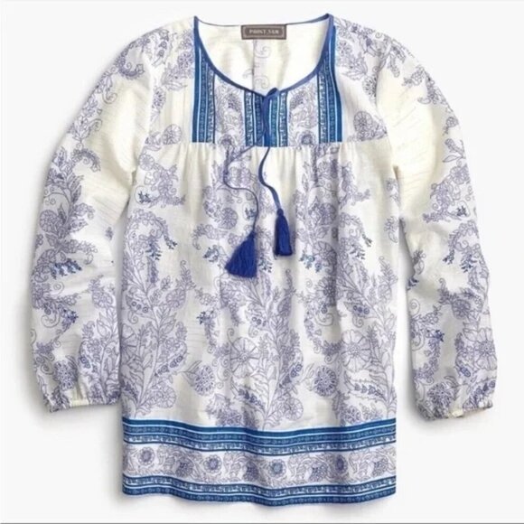 J. Crew Point Sur Tassel Tunic Popover Top small blue white metallic - Picture 2 of 10